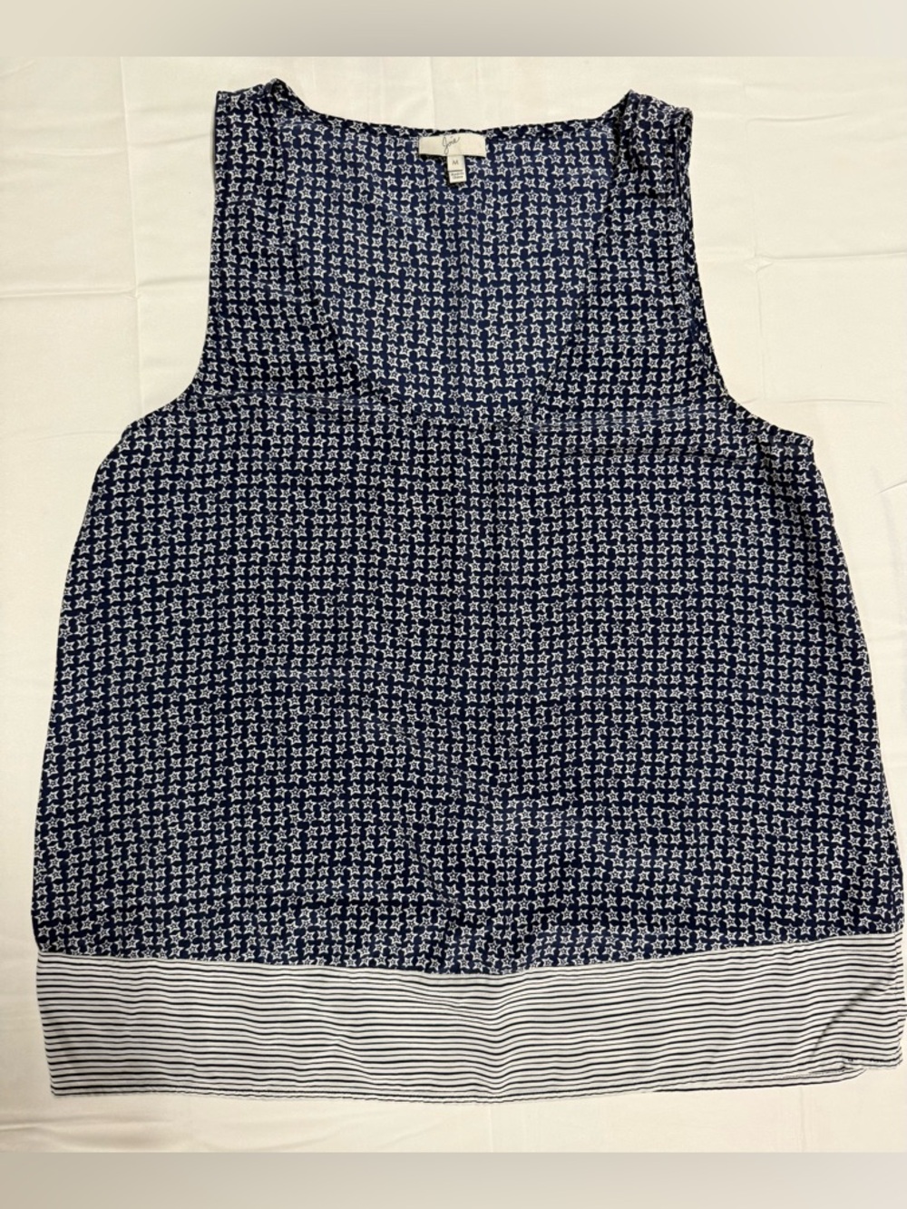 Joie 100% Silk Sleeveless Tank Top Blue White Star Print Striped Hem M